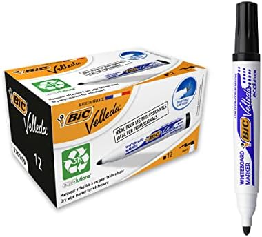 Bic Velleda 1701 Ecolutions Whiteboard Pens, Dry Erase Pens for School Whiteboards, Black Ink, Box of 12