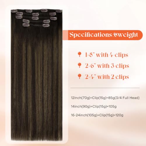 Image of Sunny Hair Clip in Hair Extensions Real Human Hair Brown Balayage | 12 Inch Clip in Hair Extensions Dark Brown Balayage Short Hair, Blended Ends and Natural Movement with Soft Hair 85g