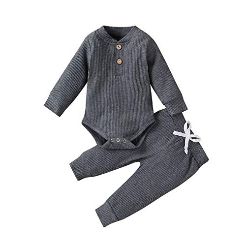Image of CIYCUIT Newborn Baby Boy Outfits Long Sleeve Solid Color Ribbed Knitted Romper Pants 2Pcs Gender Neutral Baby Clothes