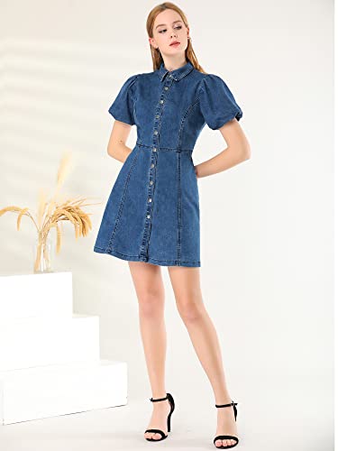 Allegra K Women's Denim Dress Button Down Pockets Puff Sleeve Collared Jean Dresses3