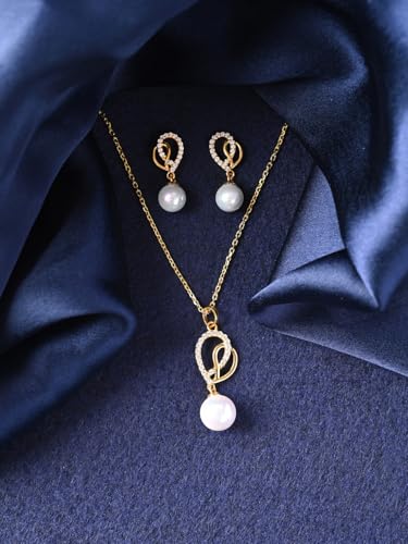 Image of CLARA 925 Silver Zahab Pearl Interlocked Pendant Earrings Chain Necklace
