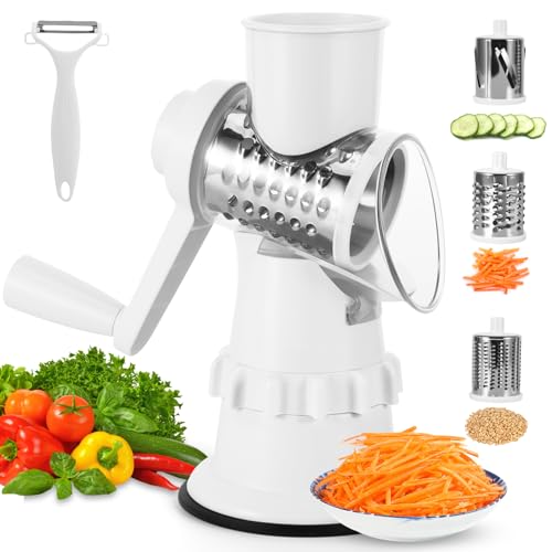 Rotary Cheese Grater, Vegetable Slicer Cheese Shredder With3 Interchangeable Dlades and a Peeler, Rotary Graters forKitchen with Strong Suction Base Suitable for VegetablesCheese and Fruits