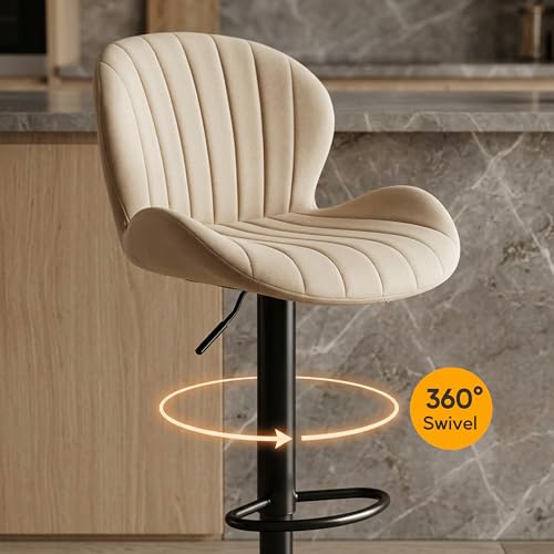 Image of HealSmart Bar Stools Set of 2, Adjustable Counter Height Swivel Stools, Modern Fabric Upholstered Bar Chairs with Backrest for Kitchen Island, Home Bar & Dining Area, Beige