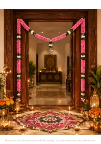 Image of Divyakosh Thorana Set (with Side Hanging), Toran for Main Door Entrance, Fabric, Handmade, Pink & White Floral Banderwal, Big Size, Width 3.5 FT & Height 4 FT