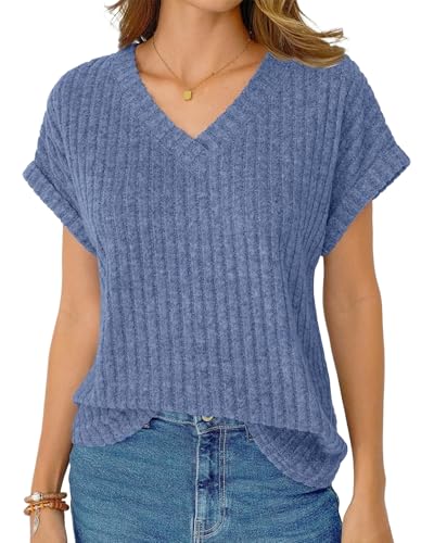 YTJYZB Women Tops Summer Short Sleeve V Neck Sweaters Shirts Casual Loose Spring Fashion Dressy Casual Business Tunic Blouses (AU, Alpha, Medium, Regular, Regular, Blue)