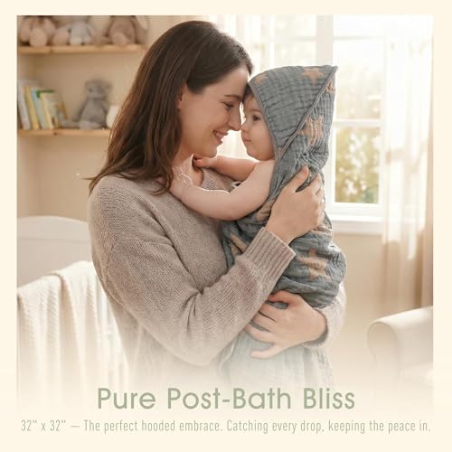 Image of Ultra-Soft Muslin Baby Hooded Towel - 32 x 32 Inches, Ideal for Bath & Beach, Suitable for Both Boys & Girls from Newborns to Toddlers