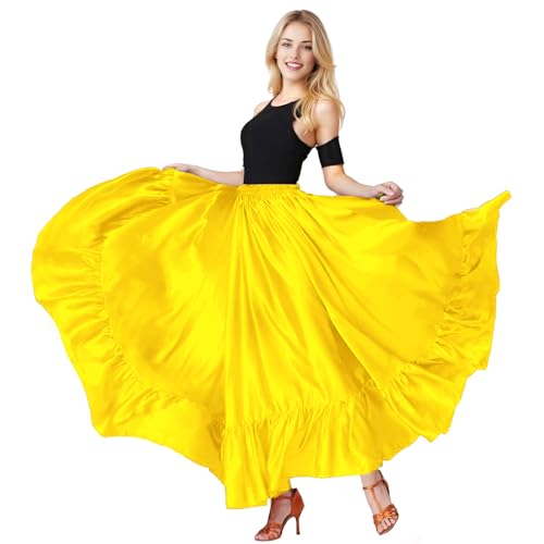 Baisdan Gonna da Donna in Raso con Volant per Danza del Ventre, Flamenco, Folklorica Messicana e Danza del Toro Spagnolo Giallo