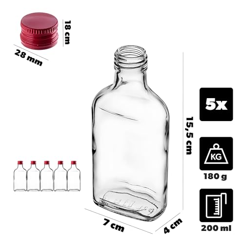 KADAX 5er Set Flachmann 200ml, kleine Glasflaschen mit Schraubverschluss, Fläschchen, leere Flaschen zum Befüllen, mini Likörflaschen… – Ansicht 3