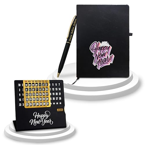 Image of Savri New Year Hamper - Pen with 'Dream. Believe. Achieve.' Quote Engraved, Diary & Infinity Calendar with 'Happy New Year' Engraved -Premium for Professionals, Employees, Corporate, Men & Women (Black)