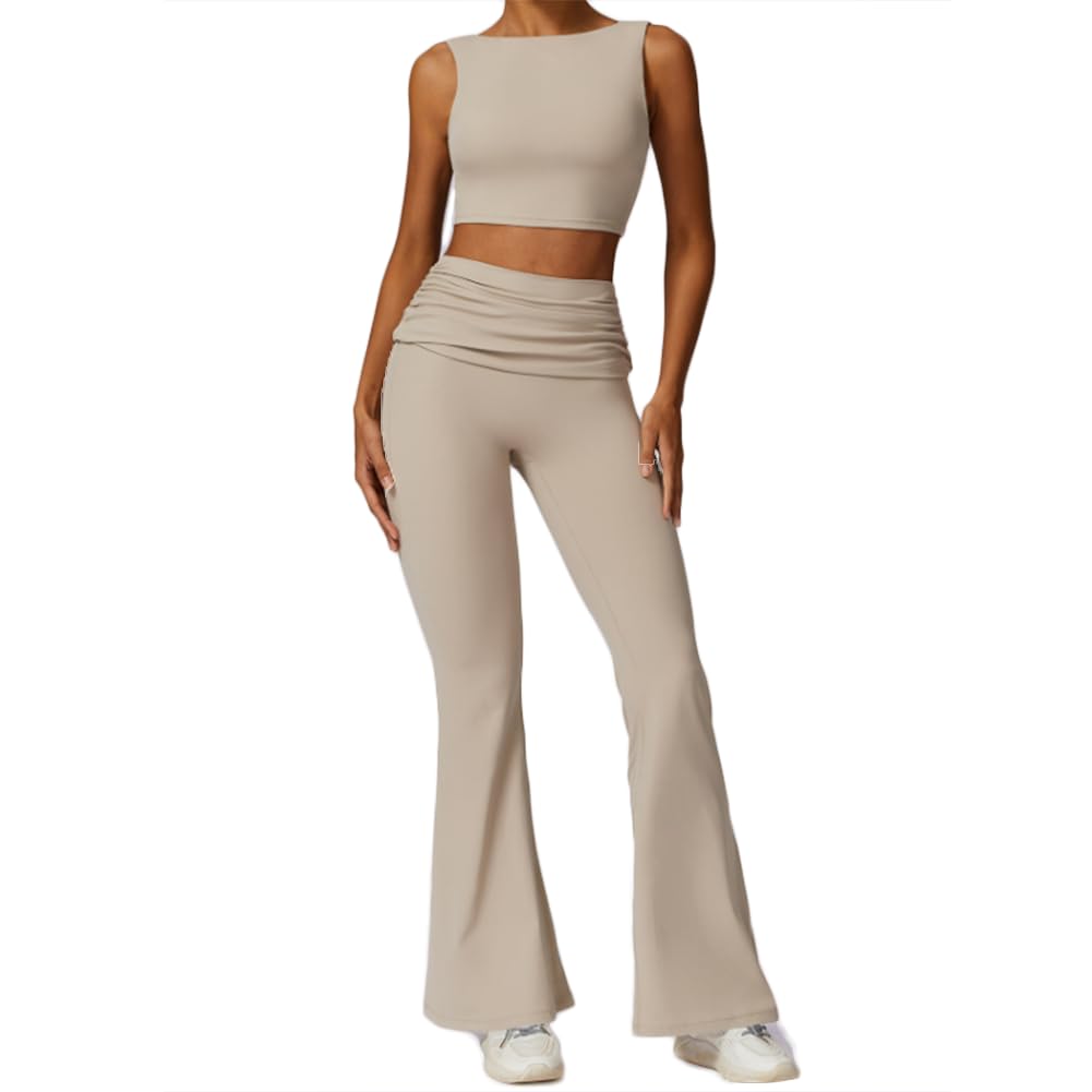JPXJGT 2 Piece Activewear Yoga Clothes Control Quick Dry Gym Flare Pants and Bra Set(Size:XL,Color:Apricot)