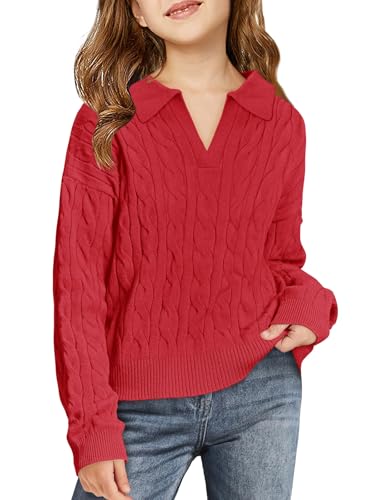 Image of Girls Sweaters Kids Fashion Cable Knit Collared V Neck Pullover Sweater Tops 5-14 Years