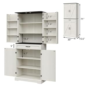Furniouse 71" Tall Kitchen Pantry, Cupboard with Organizer, Drawer and Adjustable Shelves, Farmhouse Storage Cabinet with Barn Doors for Kitchen, Dining Room, Living Room, White Furniouse 71 Tall Kitchen Pantry Cupboard with Organizer Drawer and Adjustable Shelves Farmhouse Storage Cabinet with Barn Doors for Kitchen Dining Room Living Room White
