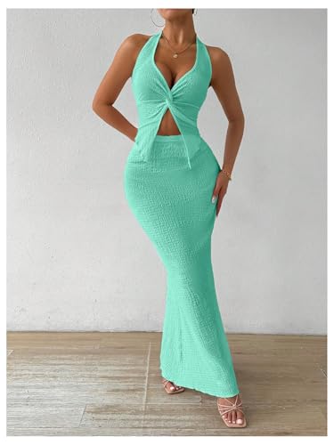 Image of SOLY HUX Women's Two Piece Outfits Twist Front Halter Cami Tops and Skirt Summer Set