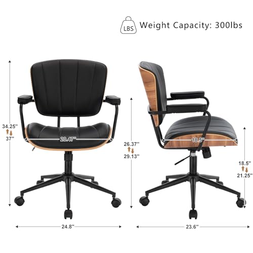 Image of Mid Century Modern Office Chair, Fixed Back Rolling Desk Chair with Armrests and Walnut Back, Adjustable Height for Home Office, Black