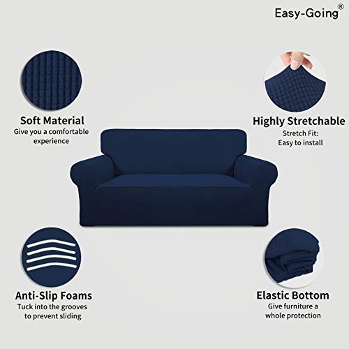 Image of Easy-Going Stretch Oversized Loveseat Slipcover 1-Piece Sofa Cover Furniture Protector Couch Soft with Elastic Bottom for Kids Polyester Spandex Jacquard Fabric Small Checks Navy