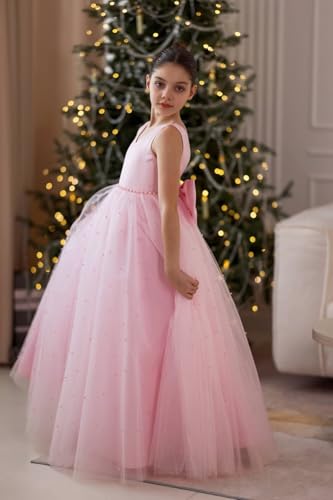 Pearls Flower Girl Dress for Wedding V-Neck Satin Tulle Kids Bridesmaid Dresses Princess Party Prom Gown with Bow-Knot3