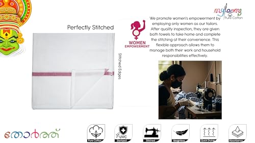 Image of End Finished UV Sterlized Kerala Bath Towel | Kerala Thorthu Mundu | White Colour Thin, Soft & Quick Driying | Pack of 2 (XL - 29'' x 58'' - Pack of 2)