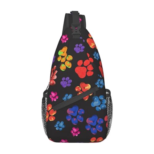 Dog Cat Paw Print Chest Sling Bag Colorful Crossbody Shoulder Backpack Adjustable Travel Hiking Casual Daypack