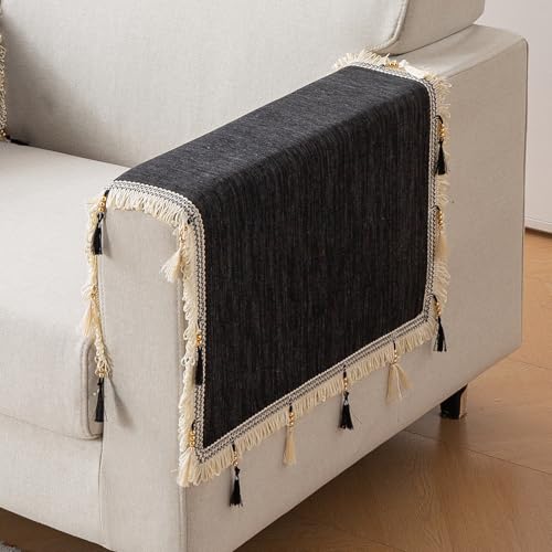 Image of HOKIPO 'Serenity Tassel' Chenille Sofa Arm Cover with Tassels - 1 Pair | Midnight Graphite (IN-893-DGRY*2)