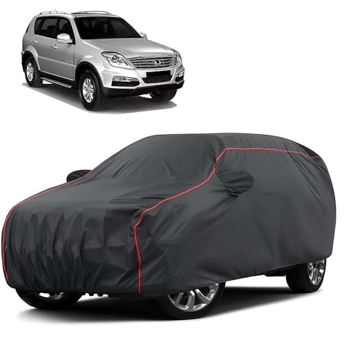 Image of Sulfar 100% Water Resistant Car Body Cover Compatible with Mirror for SsangYong Rexton (Triple Stitched, Full Bottom Elastic, Dark Grey Taffeta with Red Piping)