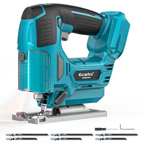 Ecarke Scie sauteuse sans fil 850W avec laser, compatible avec Makita 18V batteries, 3000 tr/min, coupe à onglet 0-45°, 3 modes pendulaires, vitesse réglable,6 lames incluses pour bois(sans batterie)