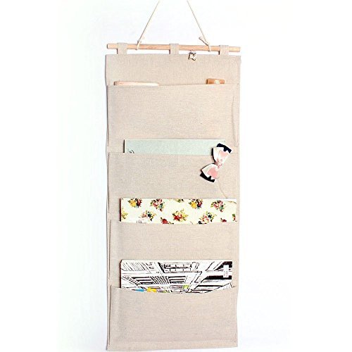 Lino / algodón Tela puerta de la pared del armario colgante del almacenaje del bolso Libros Volver a la Oficina de la Escuela de Organización Dormitorio Cocina rectángulo 4 bolsillos del organizador del hogar del regalo, 13.8"W x 31.5"H (4 Bolsillos- Beige) Cover