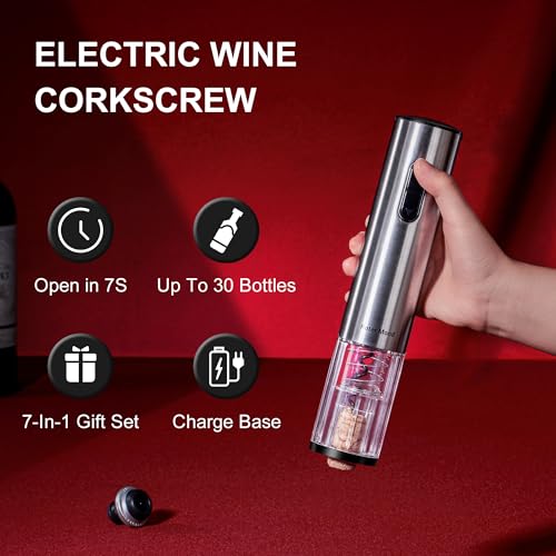 Electric Wine Opener Set, Roter Mond Automatic Wine Bottle Opener with Charging Base, 7-in-1 Wine Present with Wine Aerator Pourer Electric Vacuum Pump with 2 Stoppers Wine Foil Cutter for Home Party