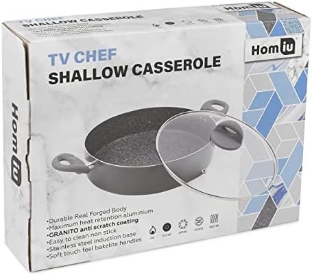 Homiu Casserole Dish Pan with Lid Shallow Non-Stick Tempered Glass 29cm Forged Aluminium Casserole Pot, Hob Baking Dish, For Gas, Electric, Induction, Ceramic, and Halogen Cooker