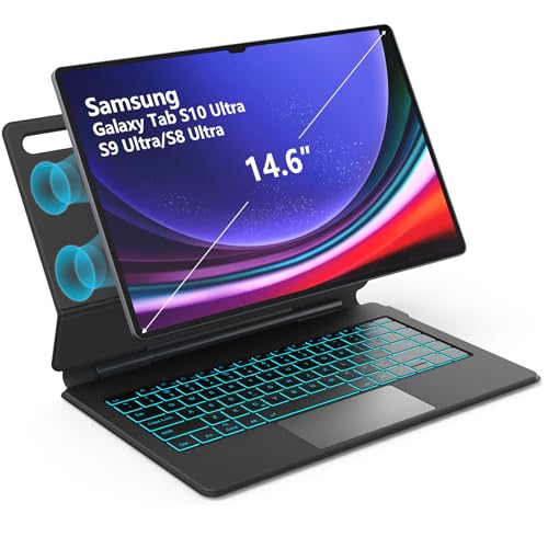 for Samsung Galaxy Tab S10 Ultra/S9 Ultra/S8 Ultra 14.6 Keyboard Case Magnetic Floating Stand 3-Level 7-Color Light Backlit Keyboard with Trackpad Dex Mode Matte Black