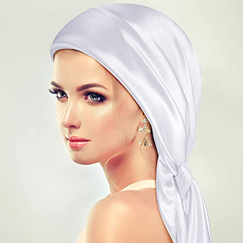35 Inch Silk Head Scarf 2 Pcs Large Square Neck Scarf Sleeping Hair Wrapping Satin Scarf for Women (Black, White)