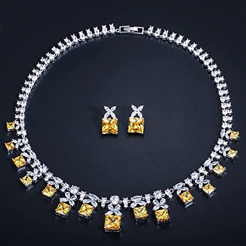 Conjunto de joyas para novias con collar de circonita cúbica amarilla y pendientes para boda