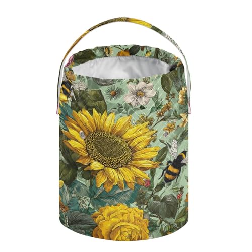 Image of ElliTarr Crochet Bag Yarn Bag with Handle Portable Knitting Project Bag Travel Yarn Storage Organizer Holder Case Bees Sunflowers Leaves Green