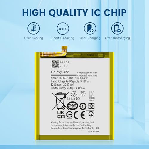 Replacement Battery for Samsung S22, (Upgraded) 5200mAh Li-Polymer Battery