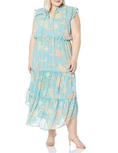 Jessica Simpson Women's Plus Size Katie Ruffle Trim Three Tier Maxi Dress, Marine Blue Paisley Grove, 1X #TOP14