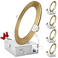 LUXRITE 6 Inch Ultra Thin LED Recessed Light with J-Box, 12W, 5 Color Options 2700K | 3000K | 3500K | 4000K | 5000K, Dimmable Wafer Light, 1000 Lumens, Brass Trim, Energy Star, IC Rated (4 Pack)