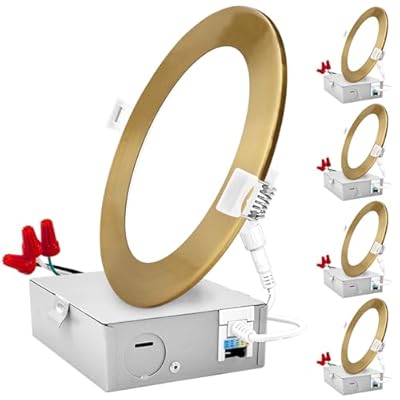 LUXRITE 6 Inch Ultra Thin LED Recessed Light with J-Box, 12W, 5 Color Options 2700K | 3000K | 3500K | 4000K | 5000K, Dimmable Wafer Light, 1000 Lumens, Brass Trim, Energy Star, IC Rated (4 Pack)