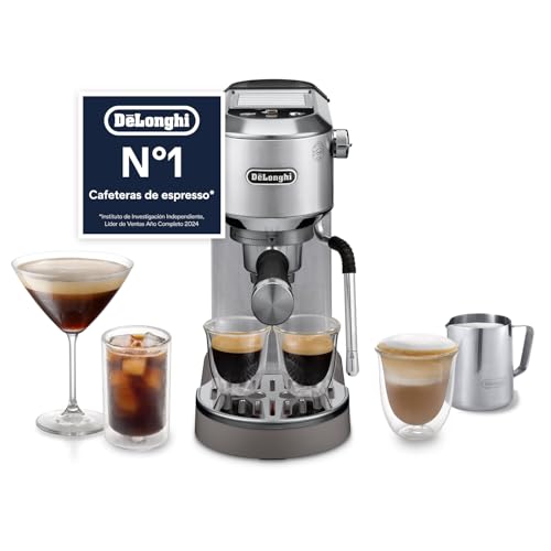 De’Longhi Dedica Duo – Perfetto Cafetera Espresso Manual Compacta con Espumador de Leche Manual, para Espresso, Cappuccino y Cold Brew, Iconos Táctiles en Color, Ancho 15 cm, Metal (EC890.M)