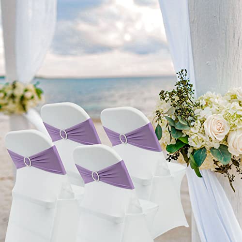 Maiangel Spandex Chair Sashes Bands 50PCS Stretch Chair Ties Bows with Buckle Slider for Wedding Party Banquet Decoration (Lavender) - Thumbnail 2