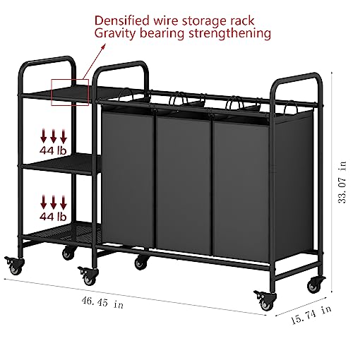 LINZINAR 3 Bag Laundry Basket Sorter Cart with Storage Shelf, Black - Thumbnail 6