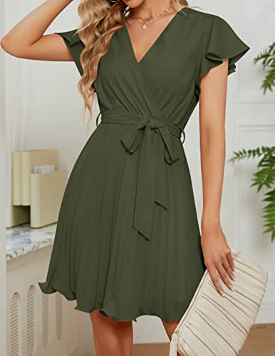 Zesica Women's Wrap V Neck Mini Dress 2023 Summer Flutter Sleeve Tie Waist Pleated A Line Swing Wedding Party Short Dresses,Armygreen,Medium #TOP6