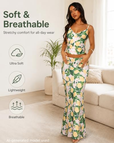 Image of Two Piece Skirt Set Women Maxi Long Skirt and Top Outfit | Soft stretchy 5 pc, slim bodycon, adjustable spaghetti straps, ruched crop tank, elastic waist, going out, beach vacation