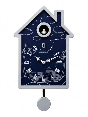 Image of CHRONIKLE Modern Stylish Non Ticking Silent Analog Hut Shape Wooden Cuckoo Wall Clock for Home, Living Room, Bedroom, Office, and Kitchen (Blue) (18 x 10 Inch : Weight - 2350 Grm)