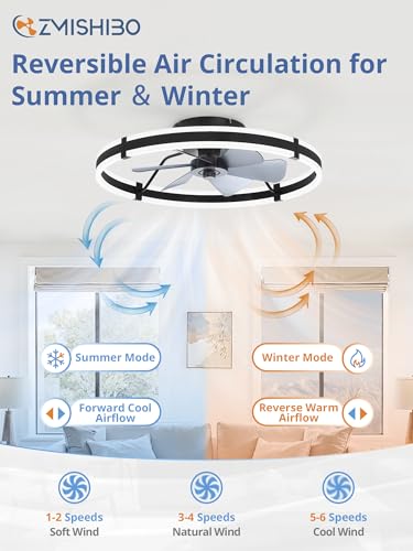 Image of ZMISHIBO 24 Inch Ceiling Fans with Lights and Remote, Modern Low Profile Ceiling Fan, 3000-6000K Dimmable Flush Mount LED Fan Light, 6 Wind Speeds, Fandelier Ceiling Fans for Bedroom- Black