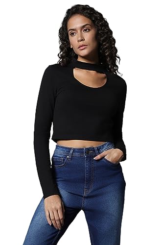 Image of High Star Women's Choker Neck Fitted Full Sleeves Crop Top