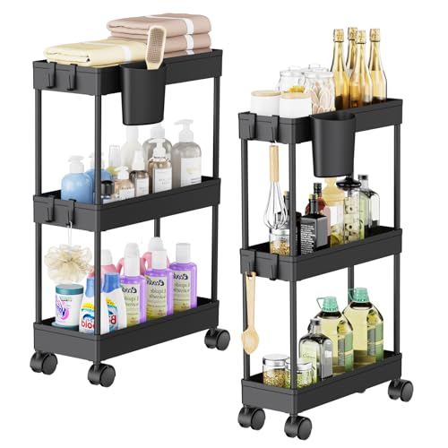 Shrivee Pack of 2 Carrito Auxiliar Baño con Ruedas 3 Niveles Ahorro de Espacio Carro Organizador con Ganchos y Tazas de Cocina Oficina (Negro)