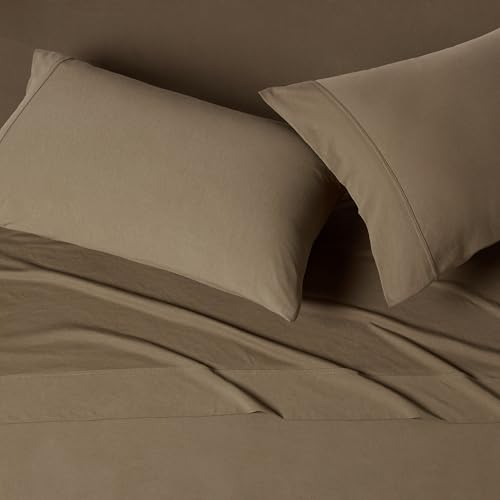 Image of Amazon Basics 100% Cotton Jersey Bed Sheet Set, Full, Brown, Solid