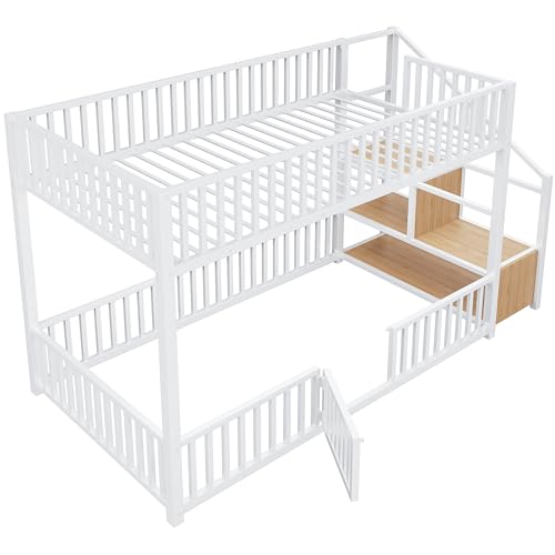 Image of Bellemave Metal Bunk beds Twin Over Twin with Guardrail and Storage Stairs, Floor bunk Bed with guardrail for Kids, White