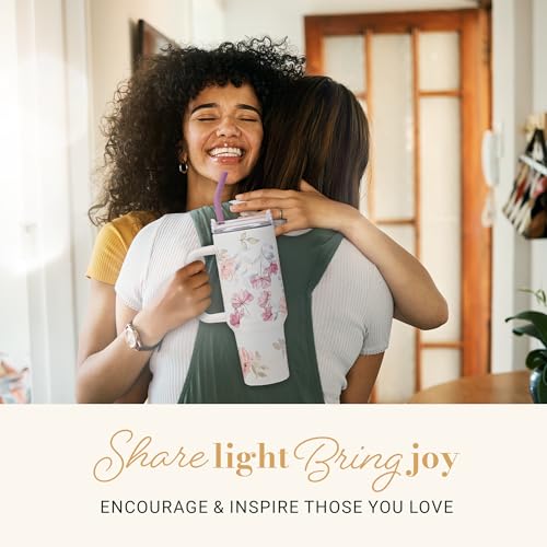 Image of Christian Art Gifts 40 oz Tumbler for Women: 2 Corinthians 5:7 Bible Verse, Stainless Steel, Insulated Travel Mug with Lid, Reusable Straw & Flex Tip, White & Pink Floral, Encouraging Gift for Women