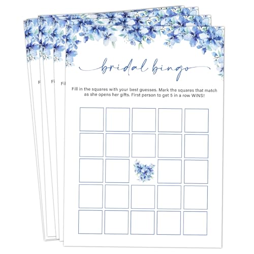 Image of Bridal Bingo Games, 25 Blue Floral Bridal Shower Game Cards Set, Engagement Party Game for Guests, Wedding Games for Reception, Minimalist Marriage Party Supplies-05