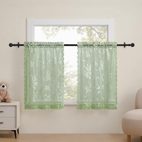 Sage Green Lace Cafe Curtains 24 Inch Length 2 Panels set Country Floral Sheer Curtains Rod Pocket Short Kitchen Curtain Decor Light Filtering Small Window Bathroom Basement RV Laundry Camper, 26x24
